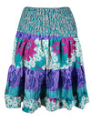 Boho Style Summer Ruched Elastic Skirt, Blue Beach Hippy Recycle Silk Skirts S/M