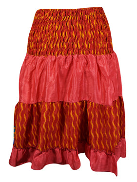 Summer Ruched Elastic Skirt, Red Beach Hippy Recycle Silk Skirts S/M