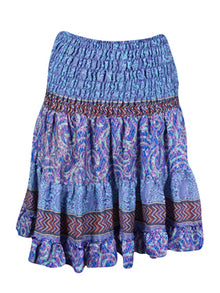  Summer Ruched Elastic Skirt, Blue Beach Hippy Recycle Silk Skirts S/M