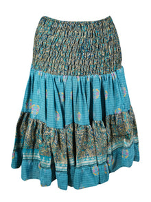  Summer Ruched Elastic Skirt, True Blue Beach Hippy Recycle Silk Skirts S/M