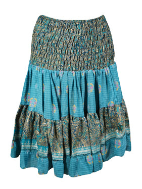 Summer Ruched Elastic Skirt, True Blue Beach Hippy Recycle Silk Skirts S/M