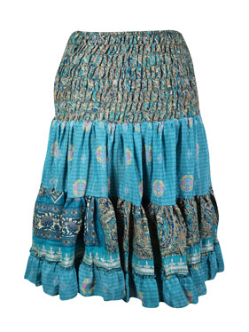 Summer Elastic Skirt, True Blue Beach Hippy Recycle Silk Skirts S/M