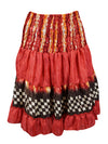 Summer Ruched Elastic Skirt, Red Beach Hippy Recycle Silk Skirts S/M