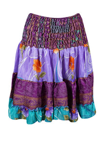  Boho Summer Ruched Elastic Skirt, Purple Floral Beach Hippy Recycle Silk Skirts S/M