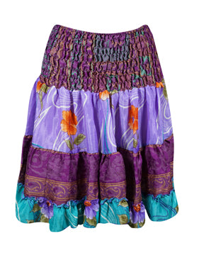 Boho Summer Ruched Elastic Skirt, Purple Floral Beach Hippy Recycle Silk Skirts S/M