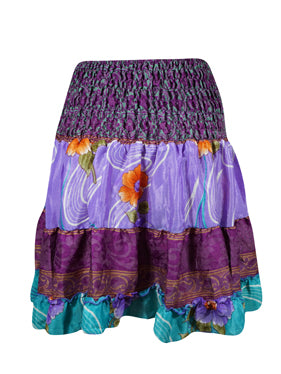 Boho Summer Skirt, Purple Floral Beach Recycle Silk Skirts S/M