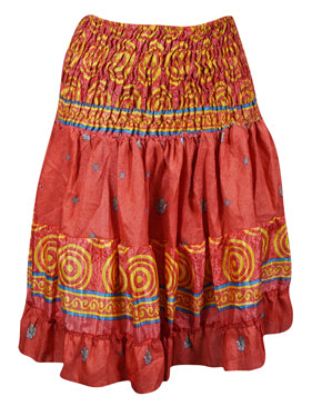 Summer Ruched Elastic Skirt, Red Beach Hippy Recycle Silk Skirts S/M