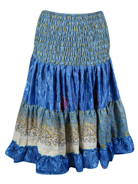 Womens Summer Ruched Elastic Skirt, Blue Beach Hippy Recycle Silk Skirts S/M