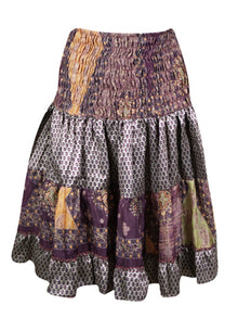  Boho Summer Ruched Elastic Skirt, Purple Floral Beach Hippy Recycle Silk Skirts S/M