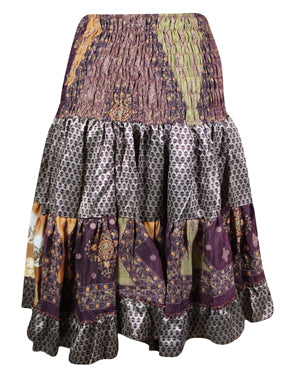 Boho Summer Skirt, Purple Floral Beach Recycle Silk Skirts S/M