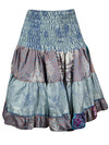 Womens Summer Ruched Elastic Skirt, Iceberg Blue  Beach Hippy Recycle Silk Skirts S/M