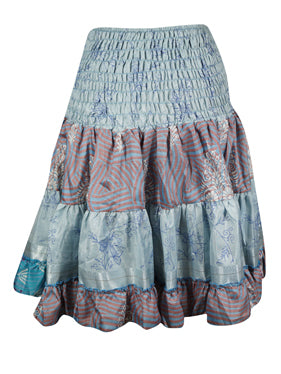 Womens Summer Ruched Iceberg Blue Beach Recycle Silk Skirts S/M