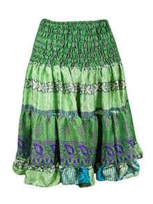  Boho Style Summer Ruched Elastic Skirt, Green Beach Hippy Recycle Silk Skirts S/M