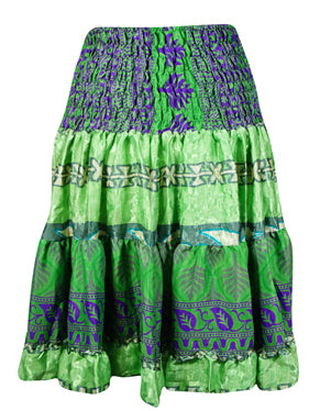 Boho Style Summer Ruched Green Beach Recycle Silk Skirts S/M