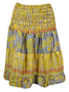 Womens Summer Ruched Elastic Skirt, Yellow Beach Hippy Recycle Silk Skirts S/M