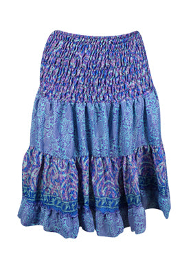 Womens Summer Ruched Elastic Skirt, Blue Beach Hippy Recycle Silk Skirts S/M