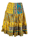 Womens Summer Ruched Yellow Floral  Beach Hippy Recycle Silk Skirts S/M