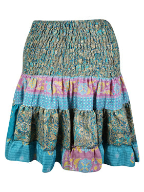 Womens Blue Ruched Floral Beach Recycle Silk Skirts S/M