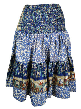 Womens Summer Ruched Skirt Blue Beach Recycle Silk Skirts S/M