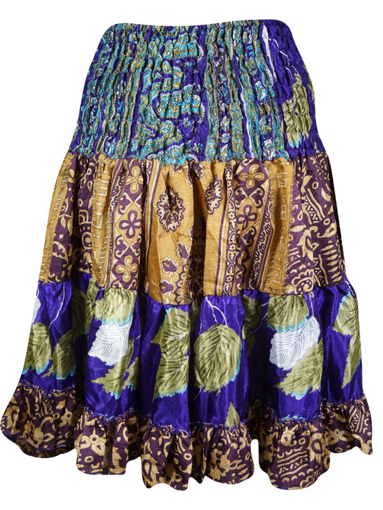 Womens Summer Ruched Skirt Purple Floral Beach Recycle Silk Skirts S/M