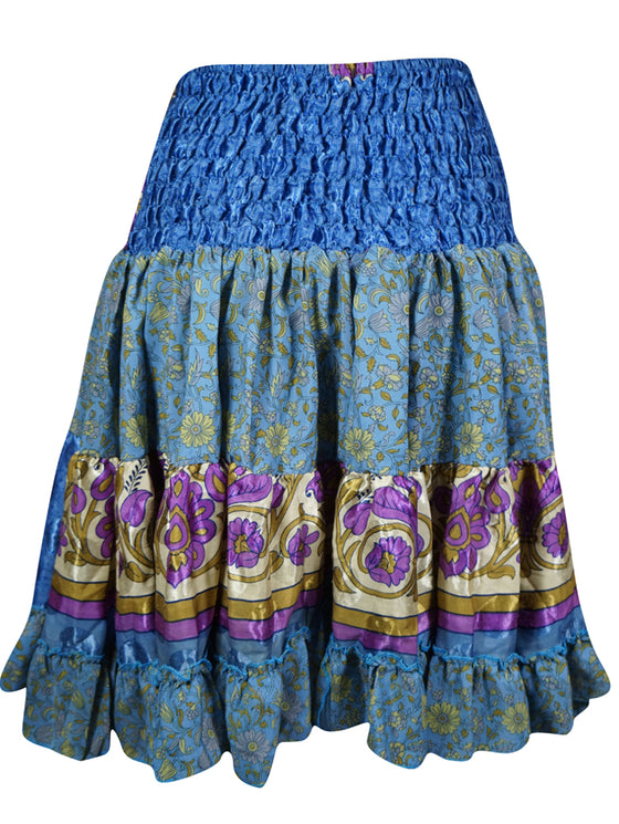 Womens Summer Ruched Skirt Blue Floral Beach Recycle Silk Skirts S/M