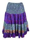 Womens Summer Ruched Skirt Purple Floral Beach Recycle Silk Skirts S/M