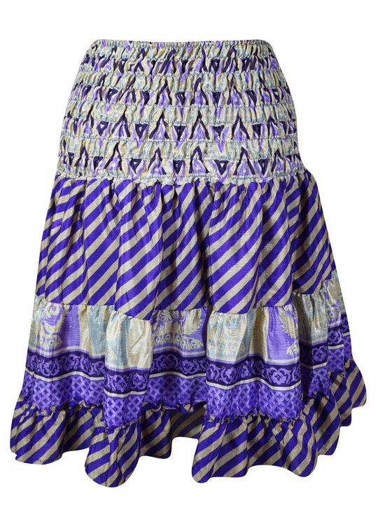 Womens Summer Ruched Skirt Purple Floral Beach Recycle Silk Skirts S/M