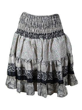 Womens Gray Black Ruched Floral Beach Recycle Silk Skirts S/M