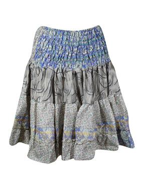 Womens Gray Ruched Blue Floral Beach Recycle Silk Skirts S/M