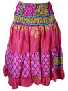 Womens Summer Ruched Elastic Skirt, Pink Beach Hippy Recycle Silk Skirts S/M