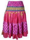 Womens Summer Ruched Elastic Skirt, Pink Beach Hippy Recycle Silk Skirts S/M