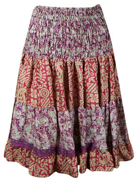 Womens Red Ruched Purple Floral Beach Recycle Silk Skirts S/M