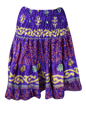 Womens Summer Ruched Skirt Purple Floral Beach Recycle Silk Skirts S/M