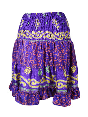 Womens Summer Ruched Skirt Purple Floral Beach Recycle Silk Skirts S/M