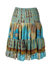 Womens Summer Ruched Skirt Blue Floral Beach Recycle Silk Skirts S/M