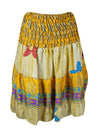 Womens Summer Ruched Skirt Yellow  Floral Beach Recycle Silk Skirts S/M