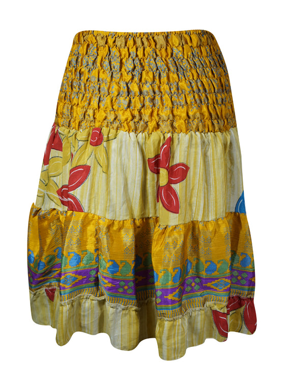 Womens Summer Ruched Skirt Yellow  Floral Beach Recycle Silk Skirts S/M