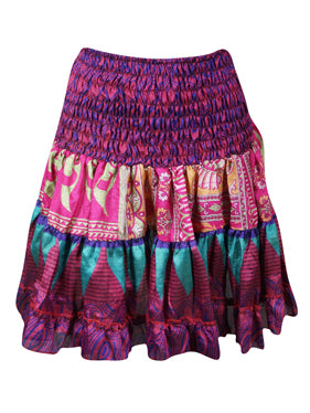 Women Boho Chic Skirt Magenta Pink Beach Recycle Silk Stylish Skirts S/M