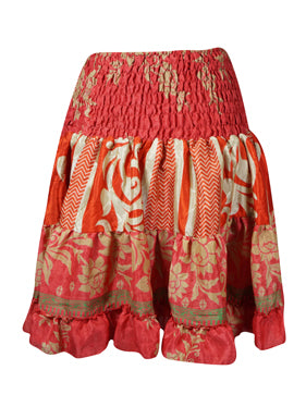 Women Boho Chic Skirt Rose Red Beach Recycle Silk Stylish Skirts S/M