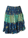 Womens Summer Ruched Skirt Azure  Blue Floral Beach Recycle Silk Skirts S/M