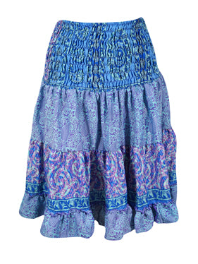 Womens Summer Ruched Skirt Tufts Blue Floral Beach Recycle Silk Skirts S/M