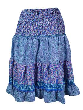 Womens Summer Ruched Skirt Tufts Blue Floral Beach Recycle Silk Skirts S/M