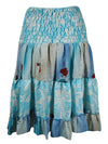 Womens Summer Ruched Skirt Sky Blue Floral Beach Recycle Silk Skirts S/M