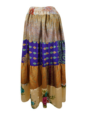 Womens Earthy Gold Multicolour Maxi Skirt Floral Patchwork Boho Skirts S/M