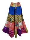 Womens Floral Patchwork Skirt Blue Pink Tiered Flared Skirt S/M