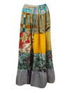 Womens Summer Yellow, Beige Floral Maxi Skirt, Patchwork Recycle Silk Skirts S/M