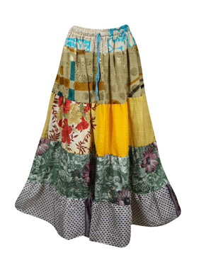 Womens Yellow Floral Maxi Skirt Patchwork Flared Skirts S/M/L