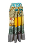 Womens Yellow Floral Maxi Skirt Patchwork Flared Skirts S/M/L