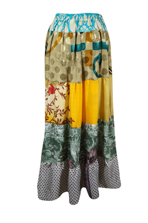 Womens Yellow Floral Maxi Skirt Patchwork Flared Skirts S/M/L