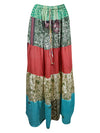 Womens Summer Red, Green Floral Maxi Skirt, Patchwork Recycle Silk Skirts S/M